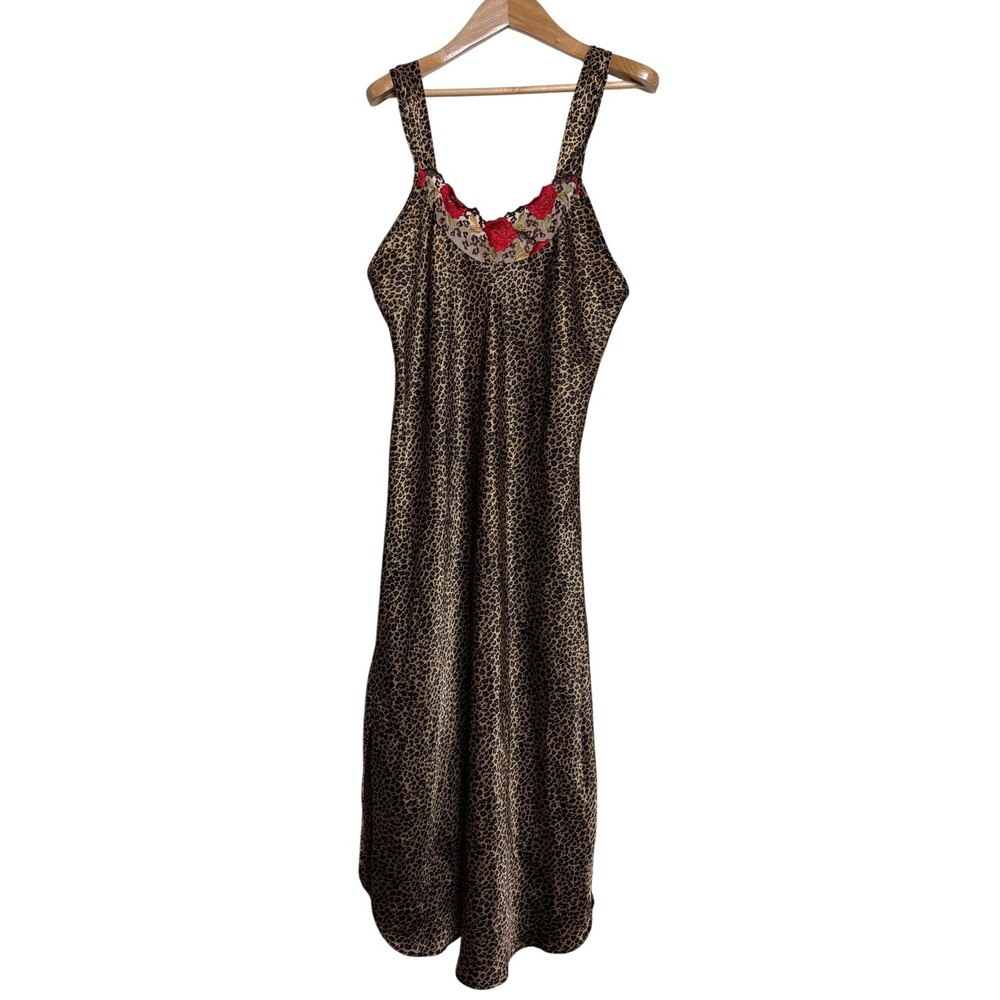 Cinema Etoile Leopard Print Satin Nightgown Floral Embroidery Slip Dress Medium